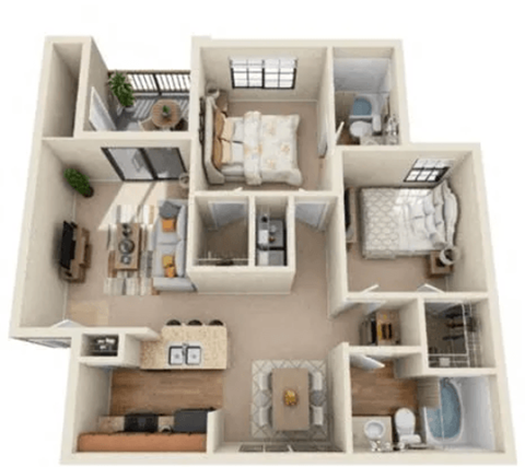 a 3d floor plan of a house with bedrooms and a living room